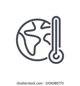 Global Warming And Climate Change Line Icon. Planet Earth With Thermometer Vector Outline Sign.