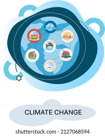 Global warming, climate change metaphor, natural disaster, deforestation, global heating, air pollution. Environmental accident on planet, ecological catastrophy warning icons world problem destroys
