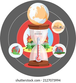 Global warming, climate change metaphor, natural disaster, deforestation, global heating, air pollution. Environmental accident on planet, ecological catastrophy warning icons world problem destroys
