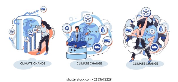 Global warming, climate change metaphor, natural disaster, deforestation, global heating, air pollution. Environmental accident on planet, ecological catastrophy warning icons world problem destroys