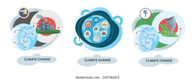 Global warming, climate change metaphor, natural disaster, deforestation, global heating, air pollution. Environmental accident on planet, ecological catastrophy warning icons world problem destroys