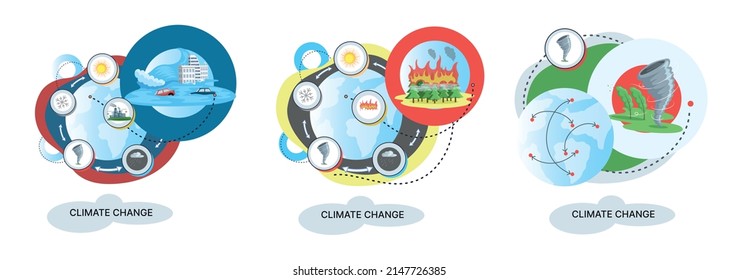 Global warming, climate change metaphor, natural disaster, deforestation, global heating, air pollution. Environmental accident on planet, ecological catastrophy warning icons world problem destroys