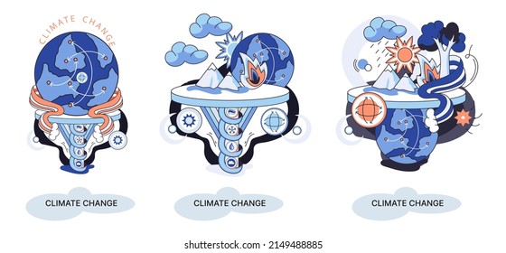 Global warming, climate change metaphor, natural disaster, deforestation, global heating, air pollution. Environmental accident on planet, ecological catastrophy warning icons world problem destroys