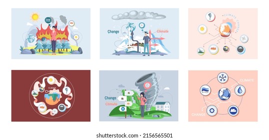 Global warming, climate change metaphor, natural disaster, deforestation, global heating, air pollution. Environmental accident on planet, ecological catastrophy warning icons world problem destroys