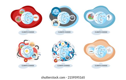 Global warming, climate change metaphor, natural disaster, deforestation, global heating, air pollution. Environmental accident on planet, ecological catastrophy warning icons world problem destroys