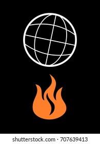 Global warming / Climate change - orange flame under Earth is causing rising and growing of temperature on the planet. Ecological and environmental problem. Simmple vector illustration