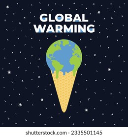Global warming and climate change poster with ice cream melting Earth in waffle on cosmic background. Global temperature rising. Environment protection. Hand drawn vector illustration 