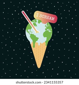 Global warming and climate change poster with ice cream melting Earth in waffle. I scream phrase with thermometer. Global temperature rising. Environment protection. Hand drawn vector illustration 