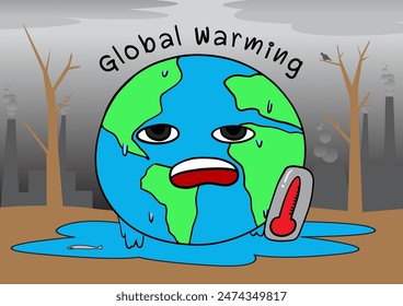 Global warming and climate change poster with melting Earth. Global temperature rising. Environment protection. Hand drawn vector illustration