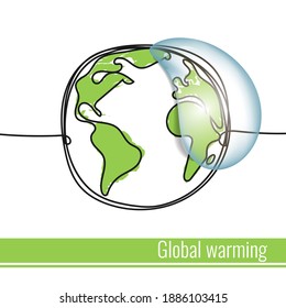Global warming, climate change problem. Continuous line art planet with 3d water drop on Earth globe. Ecology poster, banner, placard, flyer concept design for Earth day holiday. Vector illustration