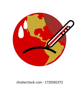 Global Warming or Climate Change Sign with Earth Globe World having a Thermometer in the Mouth Icon. Vector Image.