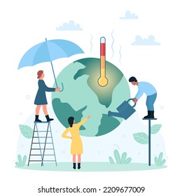 Global warming, climate change vector illustration. Cartoon tiny people holding umbrella over globe and watering can to take care of environment and protect from heat and environmental disasters