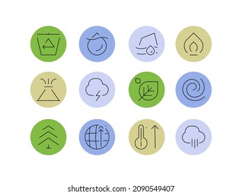 Global warming and climate change. Weather and nature. Round badges. Infographic elements. Vector file.