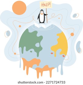 Global warming climate changes, environmental disaster threat to nature and animals. Planet Earth is suffering, danger rising temperature. Unhappy penguin asks for help stands on an ice floe on globe