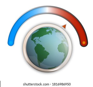 Global Warming, Climate Controller With Sign Of Cold, Snowflake And Heat, Sun. Manual Control Of Thermostat In Form Of Planet Earth. Temperature Rise On Planet. Isolated Vector