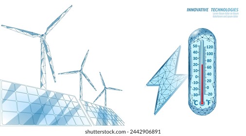  Global warming CO2 ecology problem eco concept. Renewable energy against greenhouse effect 3D render. Science chemistry biotechnology polygonal climatic technology vector illustration