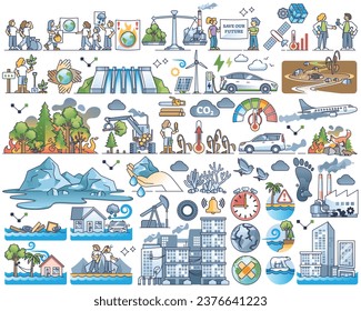 Global warming and CO2 pollution impact on nature outline collection set. Climate change items with water level rising problem and environmental danger from hot temperatures vector illustration.