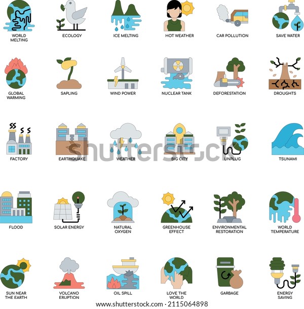 Global\
warming color flat vector icon collection\
set