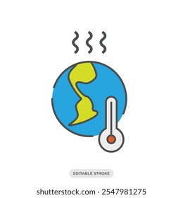 Global warming color icon, the earth with thermometer icon, environment, nature symbol on white background - vector illustration