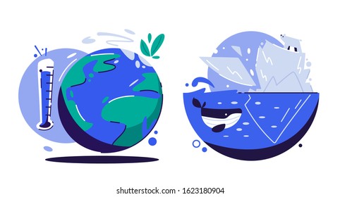 Global warming concept. Cartoon vector illustration. Sticker or logo. Zero waste. Climate change. Planet Earth. Melting glaciers