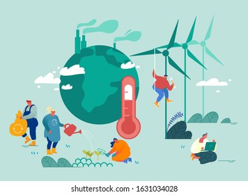 Global Warming Concept. Characters Care of Plants near Earth with Factory Pipes Emitting Smoke, Thermometer Show High Temperature. Dust Air Pollution, Co2 Gas Emission Cartoon Flat Vector Illustration