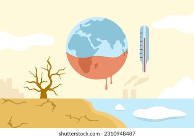 Concepto de calentamiento global. Cambio climático. El hielo se derrite. Sequía. Vector