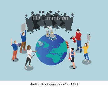 Global Warming Concept with CO2 Emissions, Nuclear Power, and Climate Change Activism 3d isometric vector illustration