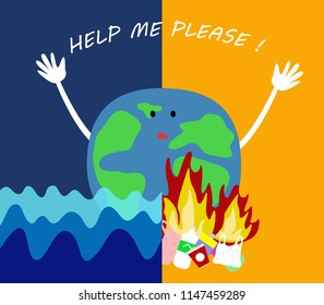 Global warming concept. earth fire and drowning. save the world. vector illustration