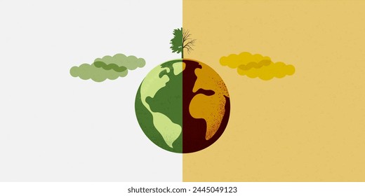 Global warming concept. Earth globe, compared between green sustainability ecology and high pollution earth with death tree. Vector Illutration.