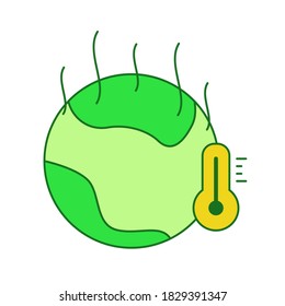 Global warming concept earth heat evaporate thermometer white isolated background with green theme flat outline style