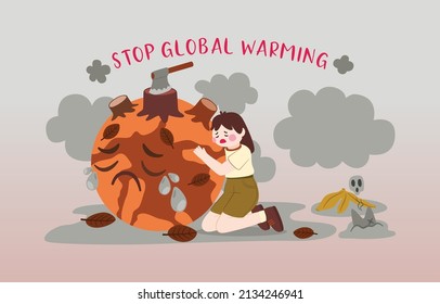 Global Warming Concept, Earth With Pollution, Woman Sad For Dry World, Vector, Illustration