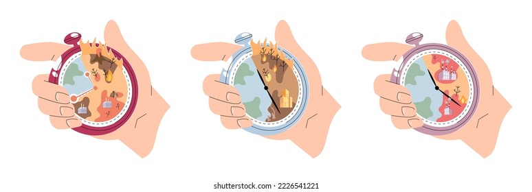 Global warming concept. Effect of arid land with environment changing, ecological catastrophy. Dead trees as result of climate change and smoking factories. Stopwatch with disappearing planet in hand