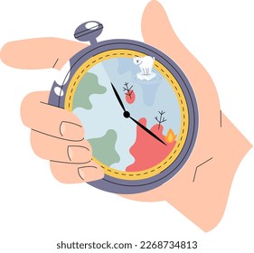 Global warming concept. Effect of arid land with environment changing, ecological catastrophy. Dead trees as result of climate change and smoking factories. Stopwatch with disappearing planet in hand