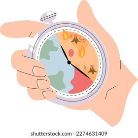 Global warming concept. Effect of arid land with environment changing, ecological catastrophy. Dead trees as result of climate change and smoking factories. Stopwatch with disappearing planet in hand