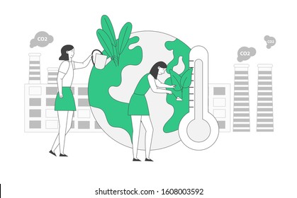 Global Warming Concept. Girls Care of Plants on Earth Against Factory Pipes Emitting Smoke. Fine Dust Air Pollution Industrial Smog Pollutant Co2 Gas Emission. Flat Vector Illustration Line Art