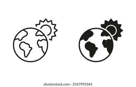 Global Warming Concept. Globe and Sun Line and Silhouette Icon Set. Environmental Eco Solar Energy Symbol. Editable Stroke. Isolated Vector Illustration.