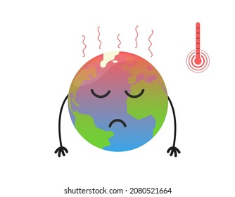 Global warming concept. Hot cartoon Earth planet is sad with hands down. Environmental protection poster. Vector isolated illustration.