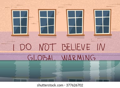 Global Warming Concept House Under Water Window Flood River Vector Illustration