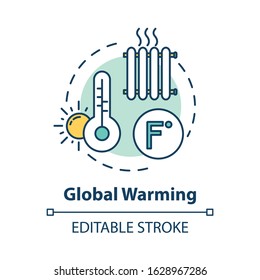 Global warming concept icon. Heat wave. High temperature. Industrial damage. Ozone depletion. Climate change idea thin line illustration. Vector isolated outline RGB color drawing. Editable stroke