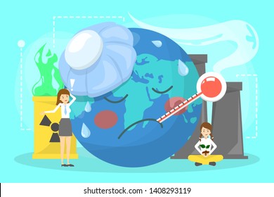 Global warming concept. Idea of climate change and danger for ecology. Save nature, stop the pollution. Vector illustration in cartoon style