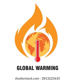 Global warming concept illustration with Earth engulfed in flames and a red thermometer, symbolizing rising temperatures, climate change, heatwaves, and environmental crisis.