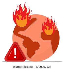 Global warming concept illustration of planet earth on fire with warning sign, symbolizing climate change, extreme heat, environmental danger, and global climate crisis.