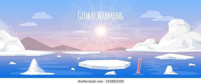 Global warming concept, long-term increase in average temperature of Earths climate system. Melting of Antarctic ice, glaciers, air pollution. Saving planet Earth and environmental care illustration