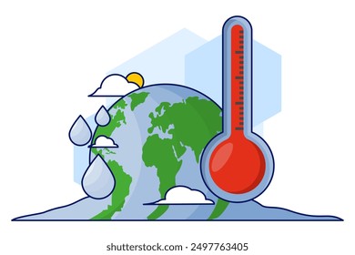 Konzept der globalen Erwärmung. Schmelzkugel und Thermometer. Klima der globalen Erwärmung. Durch den Klimawandel besteht die Gefahr der globalen Erwärmung des Treibhausgases. Treibhausgasemissionen, Entwaldung. Flache Vektorgrafik.