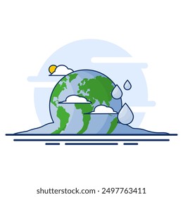 Global Warming Concept. Melting Ball and Thermometer. global warming environment. Climate change risks global greenhouse warming. greenhouse gas emissions, deforestation. Flat vector illustration.