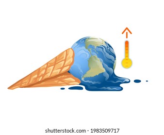 Global warming concept melting planet earth in waffle cone abstract save climate vector illustration on white background