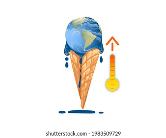 Concepto de calentamiento global fusión del planeta tierra en el cono de gofre abstracto salvar el vector climático ilustración del fondo blanco