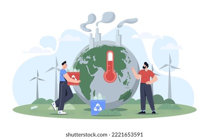 Global warming Concept. Men collect garbage against backdrop of steaming from factories of planet. Caring for environment and nature. Ecoactivists and volunteers. Cartoon flat vector illustration