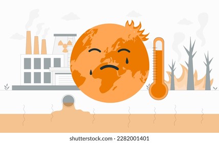 Global warming concept. Planet crying next to thermometer. High temperature and hot weather, drought. Heating pollution and waste into atmosphere. Save Earth. Cartoon flat vector illustration