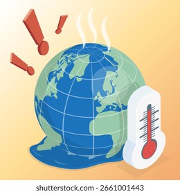 Global Warming concept. Planet Earth in a melting state, climate change. 3d flat isometric vector illustration.